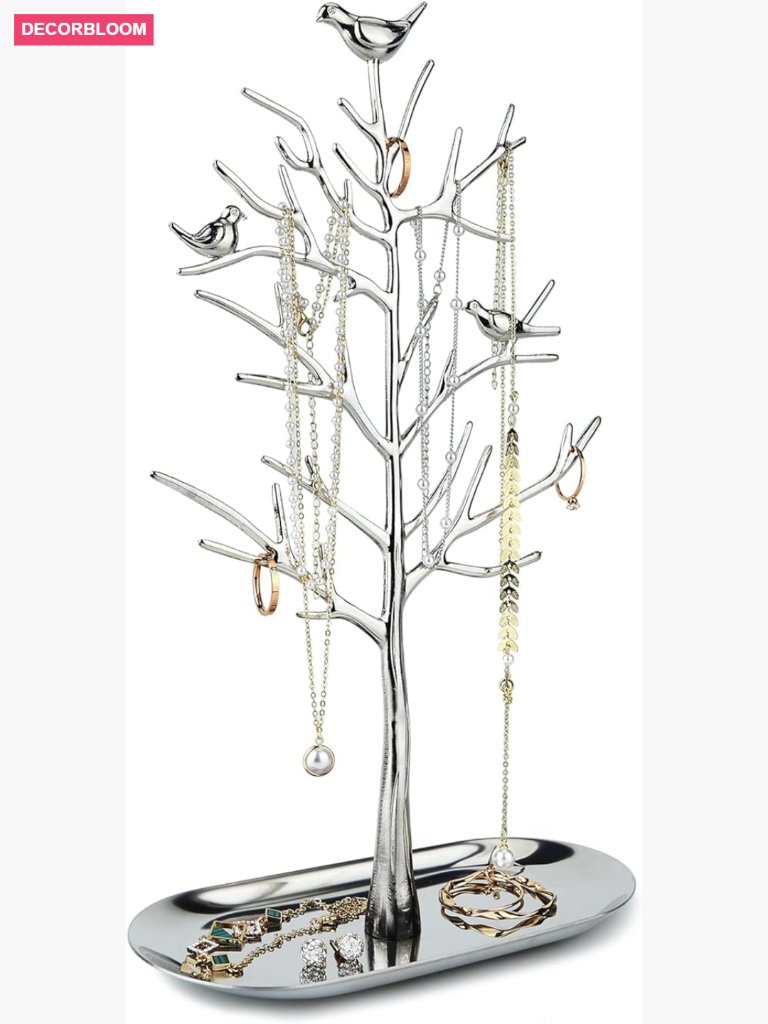 Metal Jewelry Tree Organizer Stand With Tray, Holds Necklaces Bracelets Rings